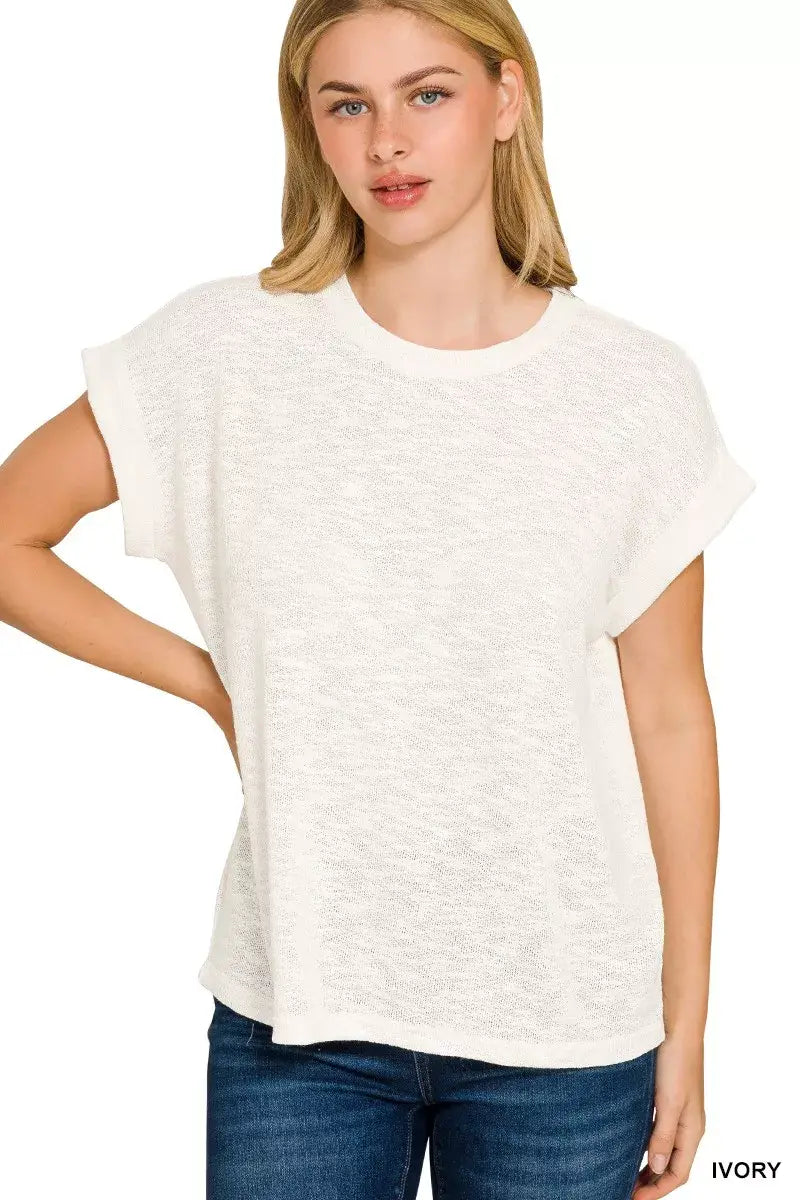 Zenana Hacci Slub Rolled Up Sleeve Tee - Trendsi - Flyclothing LLC