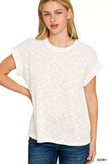 Zenana Hacci Slub Rolled Up Sleeve Tee - Trendsi - Flyclothing LLC