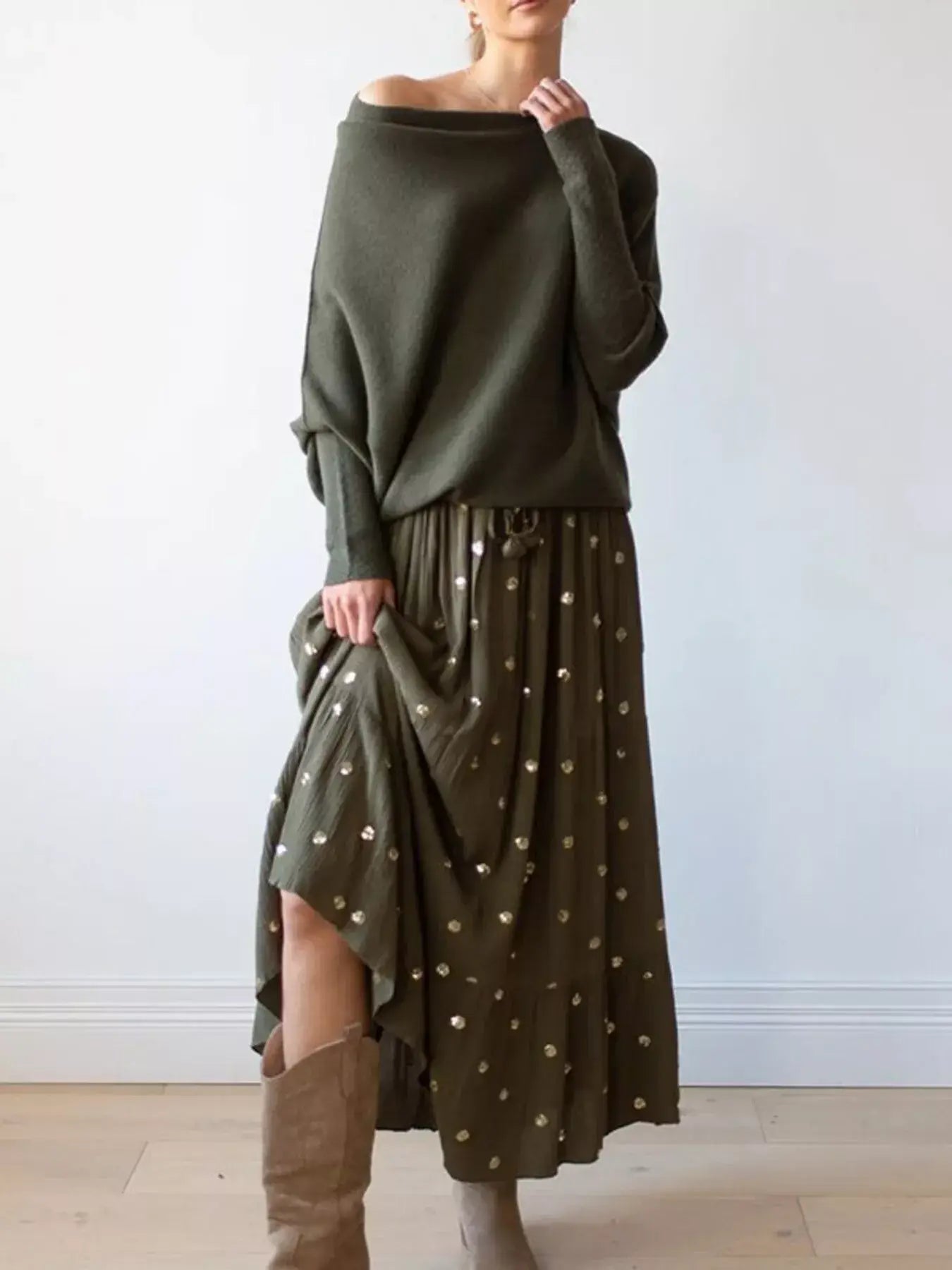 Boat Neck Long Sleeve Sweater - Trendsi - Flyclothing LLC