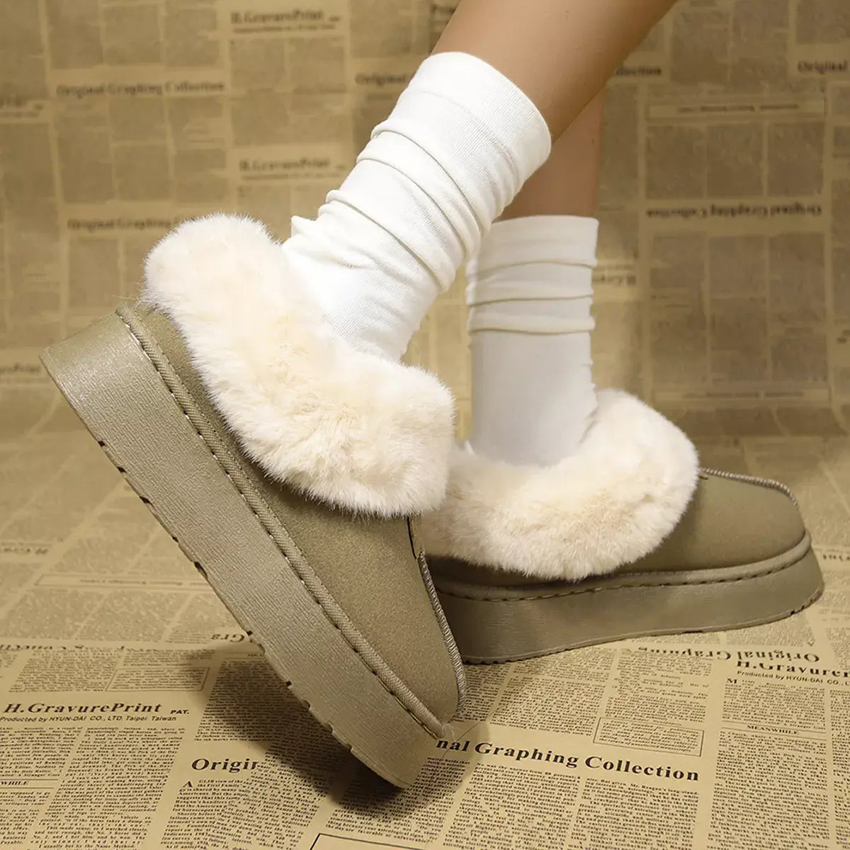 Fuzzy Trim Platform Boots - Trendsi - Flyclothing LLC