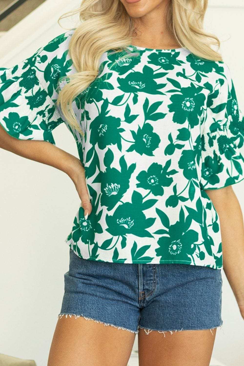 Floral Print Ruffled Short Sleeve Round Neck Loose Blouse - Trendsi - Flyclothing LLC