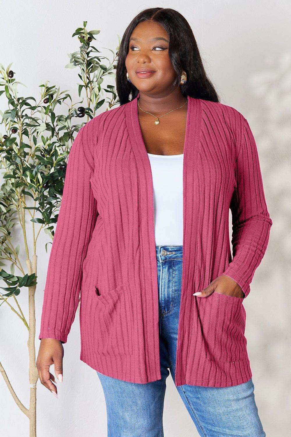 Basic Bae Full Size Ribbed Open Front Cardigan with Pockets - Trendsi - Flyclothing LLC