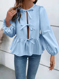 Ivy Lane Peplum Tied Long Sleeve Blouse - Trendsi - Flyclothing LLC