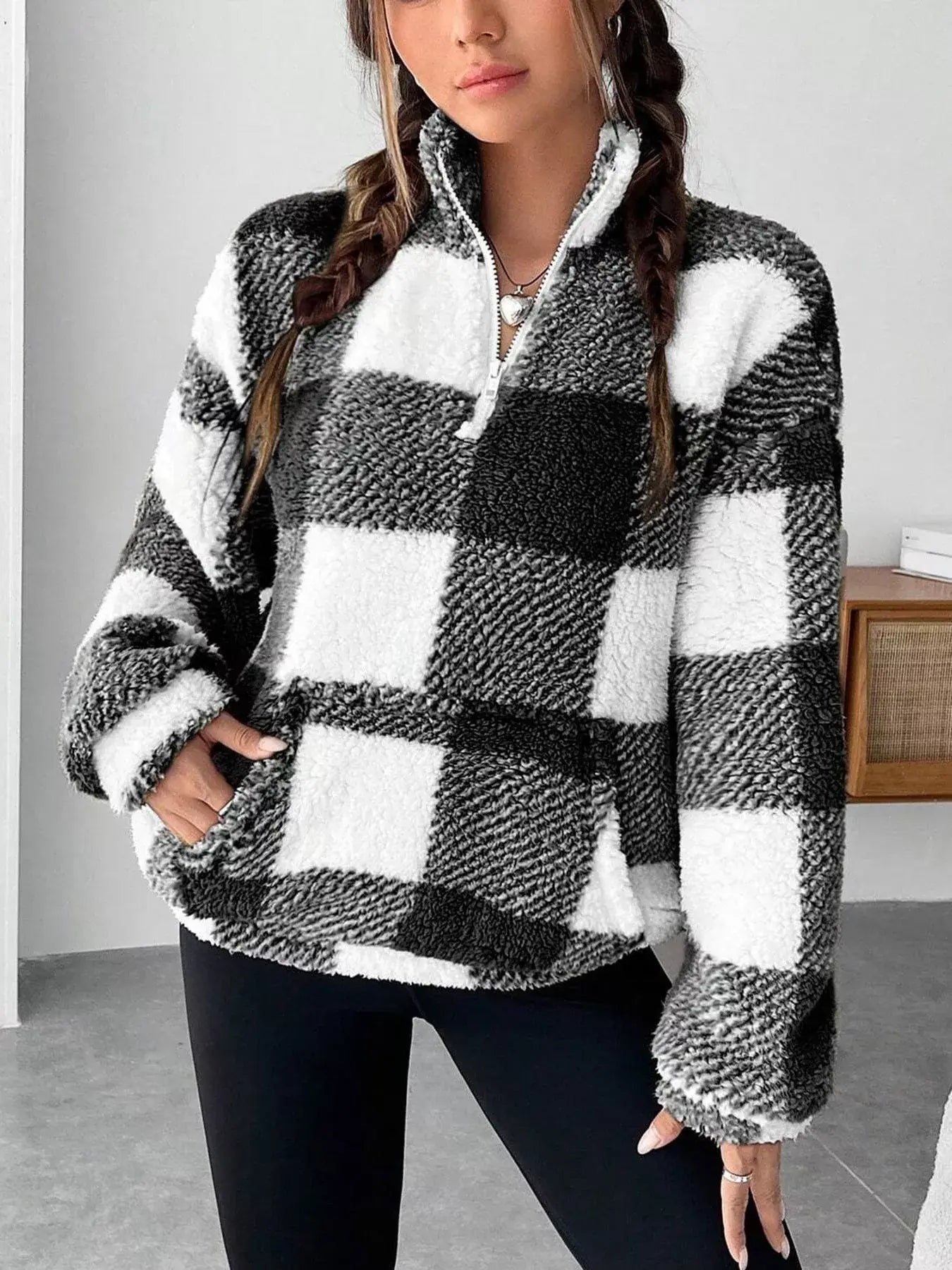 Full Size Plaid Sherpa Long Sleeve Sweatshirt Plus Size - Trendsi - Flyclothing LLC