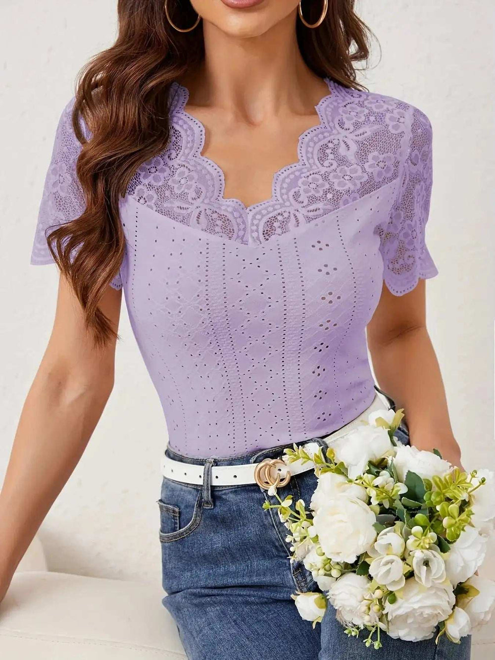 Lace Trim Eyelet Embroidered Summer T-Shirt - Trendsi - Flyclothing LLC
