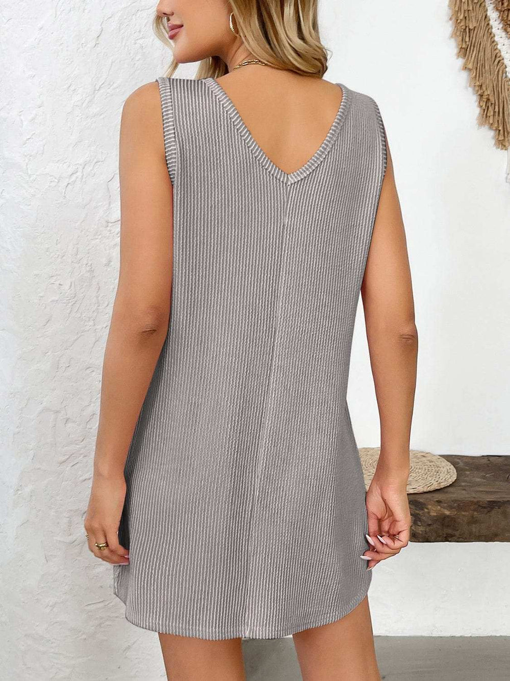 Texture Pocketed V-Neck Tank Dress - Trendsi - Flyclothing LLC