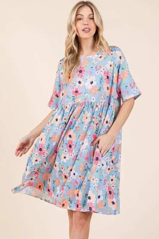 BOMBOM Floral Shirred Dress with Pockets - Trendsi - Flyclothing LLC