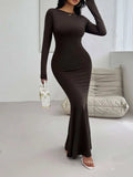 Devine Backless Round Neck Long Sleeve Maxi Dress - Trendsi - Flyclothing LLC