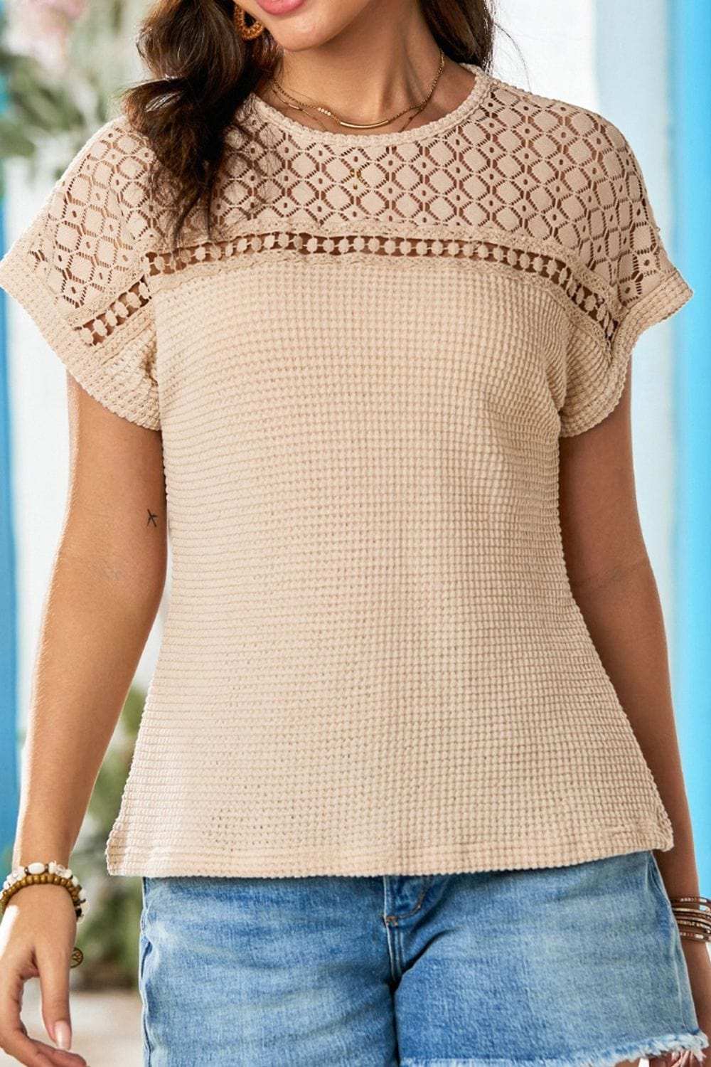 Lace Patchwork Waffle Short Sleeve Knit Top - Trendsi - Flyclothing LLC