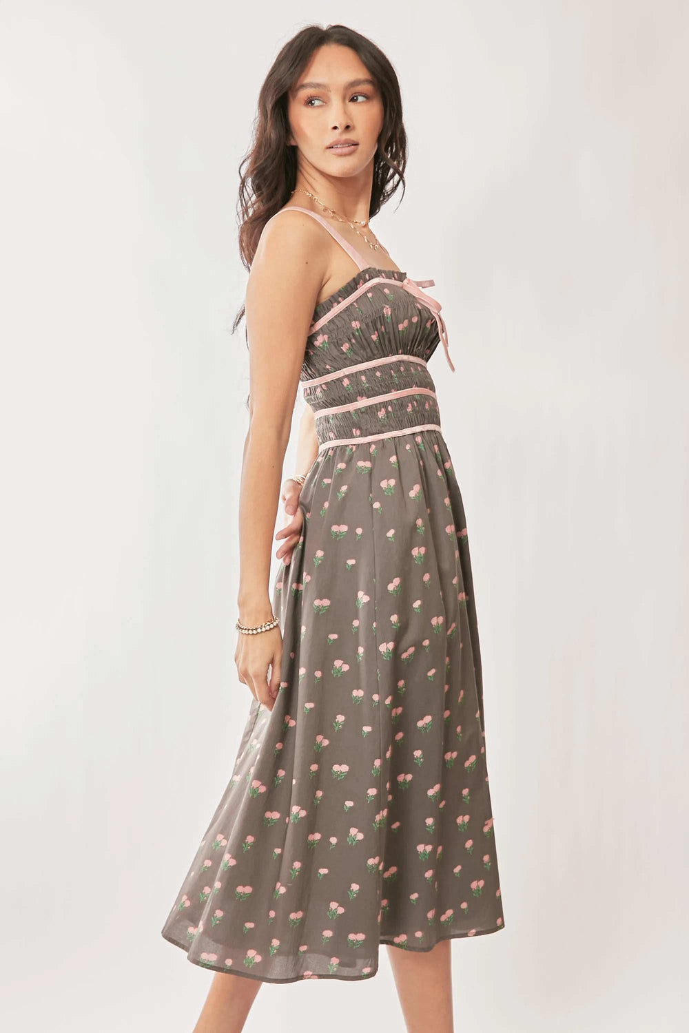 Davi & Dani Contrast Velvet Tape Smocking Bodice Midi Dress - Trendsi - Flyclothing LLC