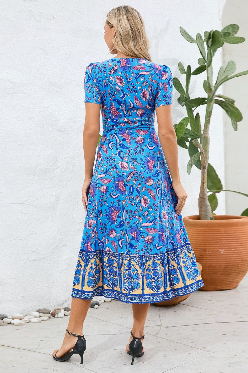 Printed Surplice Short Sleeve Dress - Trendsi