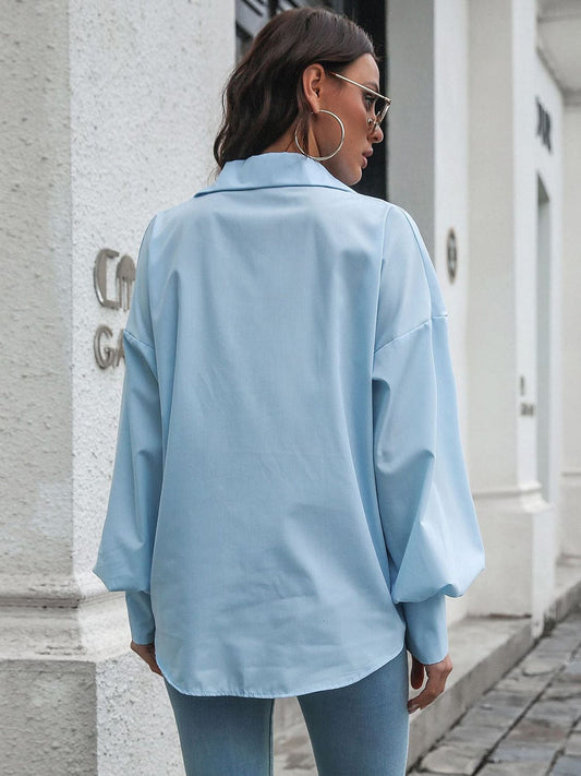 Button Up Dropped Shoulder Lantern Sleeve Shirt - Trendsi