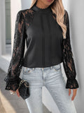 Perfee Mock Neck Lace Long Sleeve Blouse - Trendsi