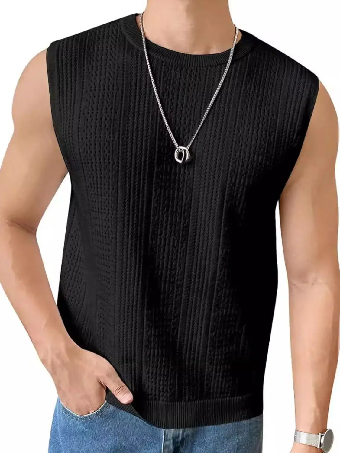 Men's Full Size Eyelet Round Neck Tank Plus Size - Trendsi - Flyclothing LLC