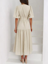 V-Neck Puff Sleeve Midi Dress - Trendsi - Flyclothing LLC