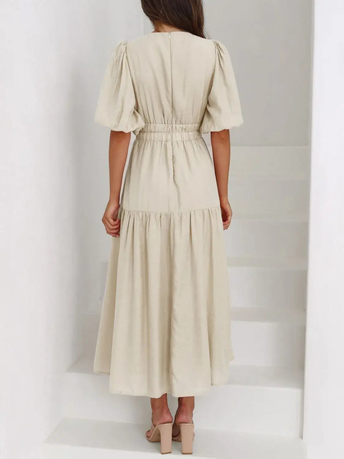 V-Neck Puff Sleeve Midi Dress - Trendsi - Flyclothing LLC