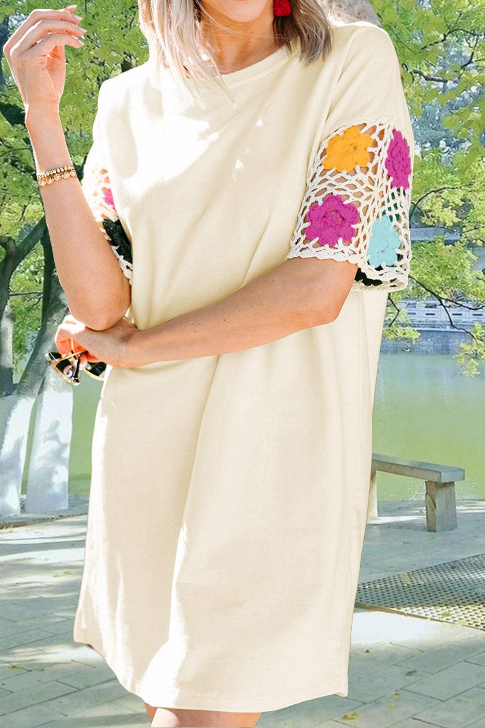 Openwork Crochet Round Neck Half Sleeve Dress - Trendsi - Flyclothing LLC