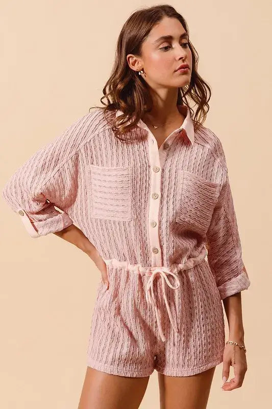 SO ME Textured Knit Button Front Romper - Trendsi - Flyclothing LLC