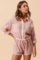 SO ME Textured Knit Button Front Romper - Trendsi - Flyclothing LLC
