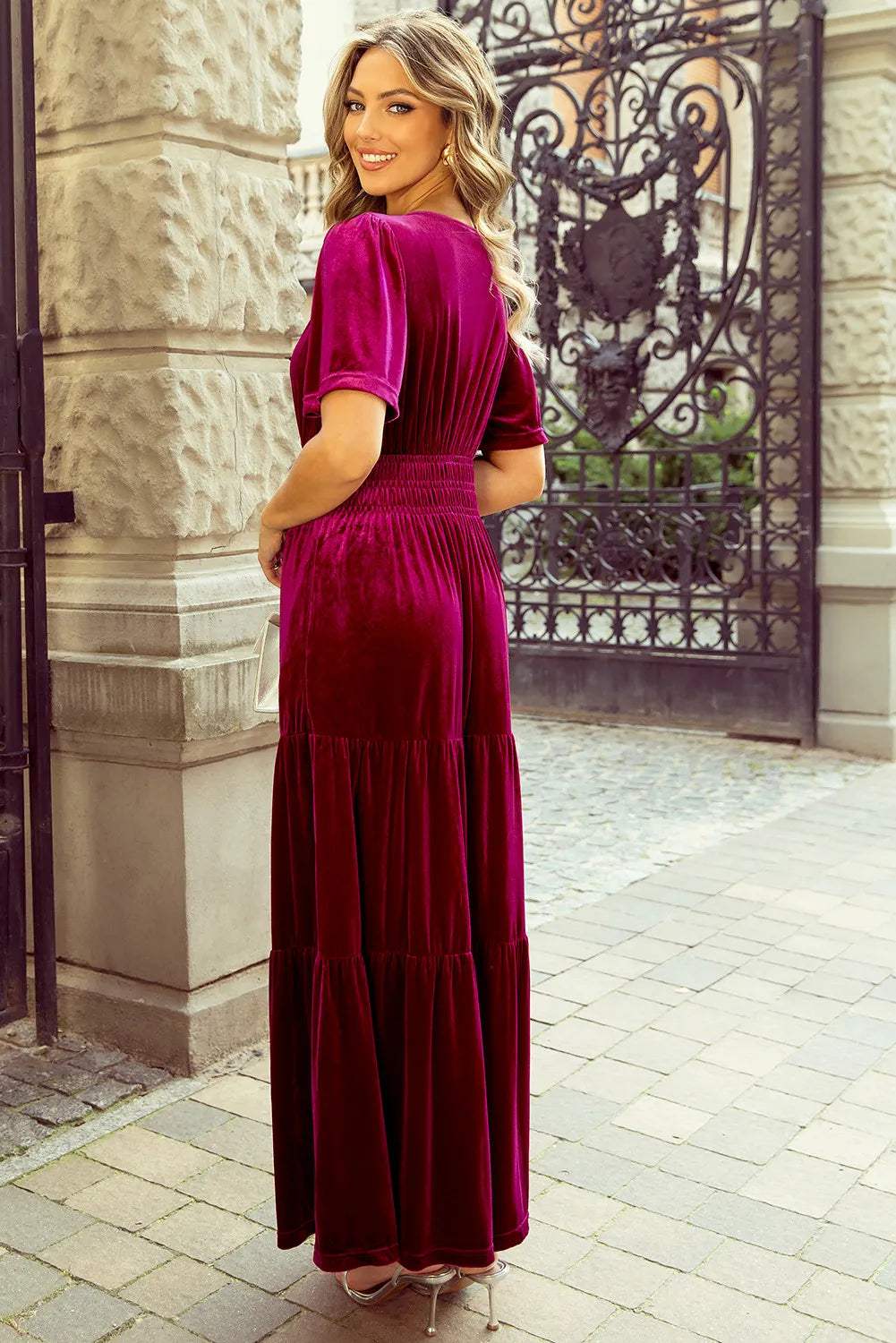 Tiered Notched Short Sleeve Dress with Pockets - Trendsi - Flyclothing LLC