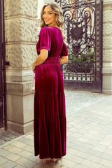 Tiered Notched Short Sleeve Dress with Pockets - Trendsi - Flyclothing LLC