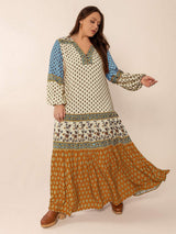 Plus Size Printed V-Neck Balloon Sleeve Maxi Dress - Trendsi - Flyclothing LLC