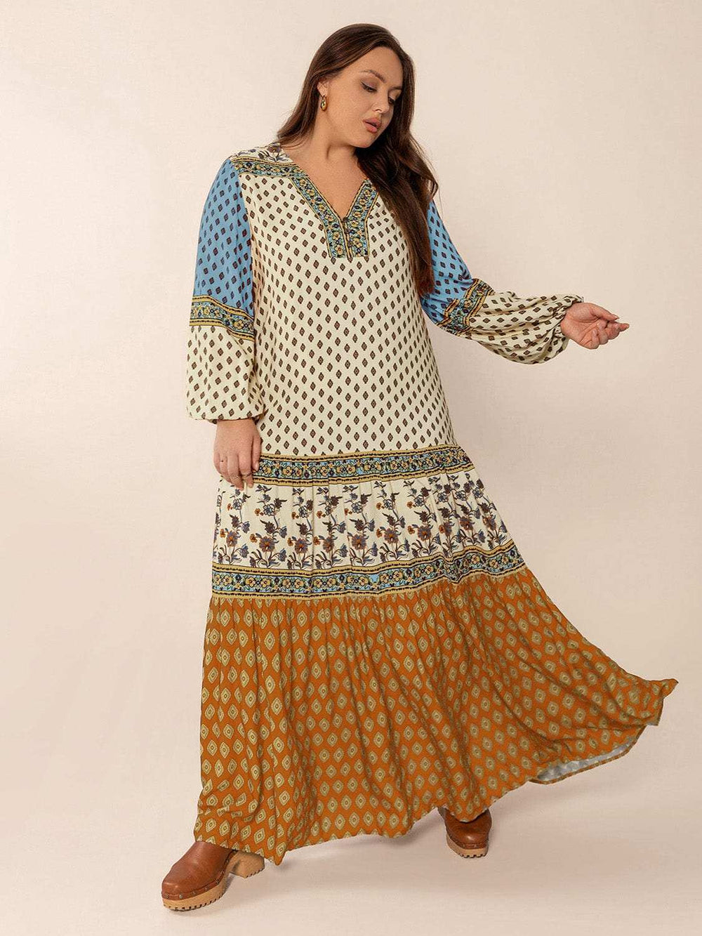 Plus Size Printed V-Neck Balloon Sleeve Maxi Dress - Trendsi - Flyclothing LLC