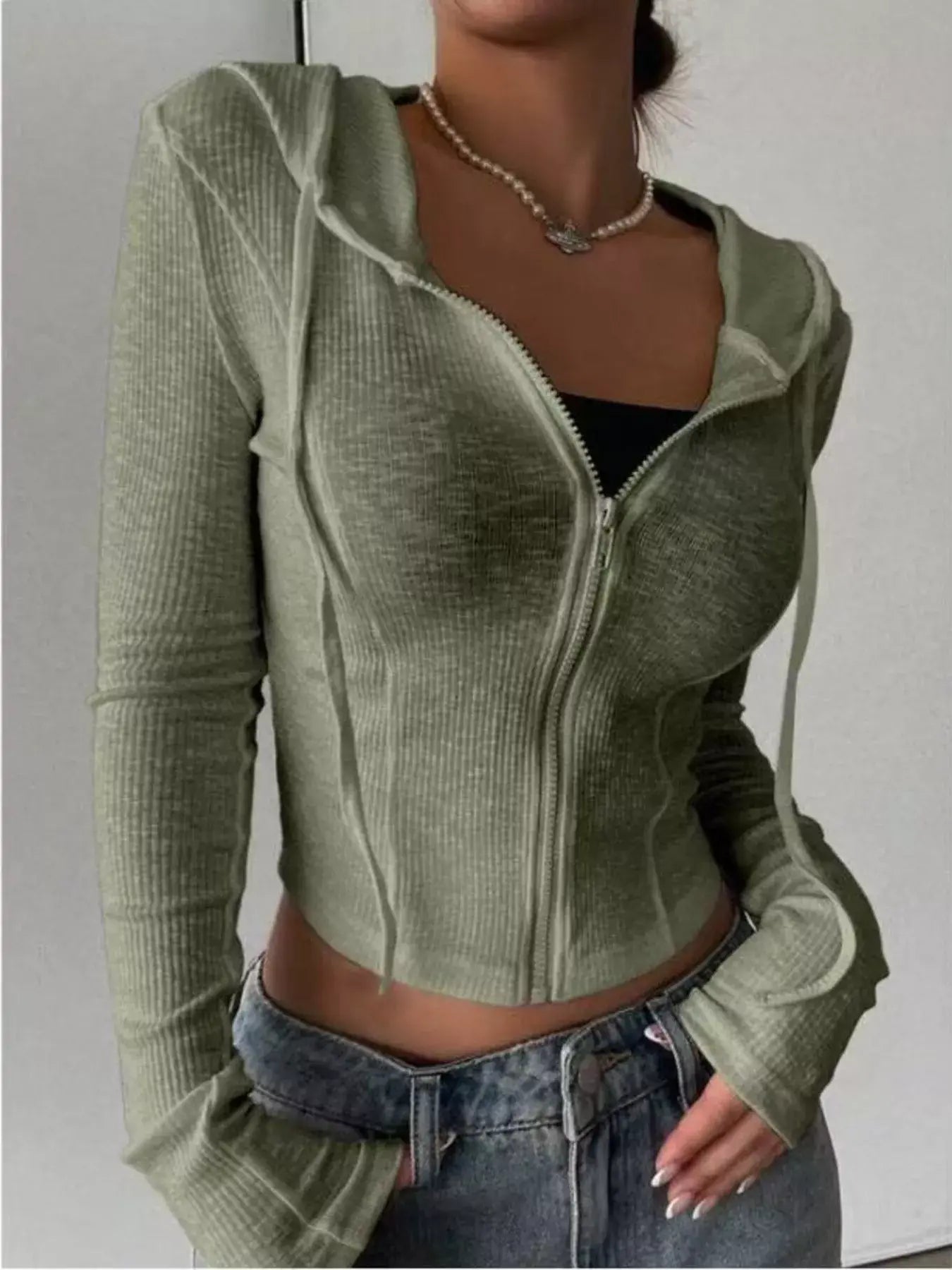 Ribbed Knit Cropped Zip-Up Outerwear - Trendsi - Flyclothing LLC