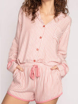 Striped Collared Neck Long Sleeve Top and Shorts Lounge Set - Trendsi - Flyclothing LLC