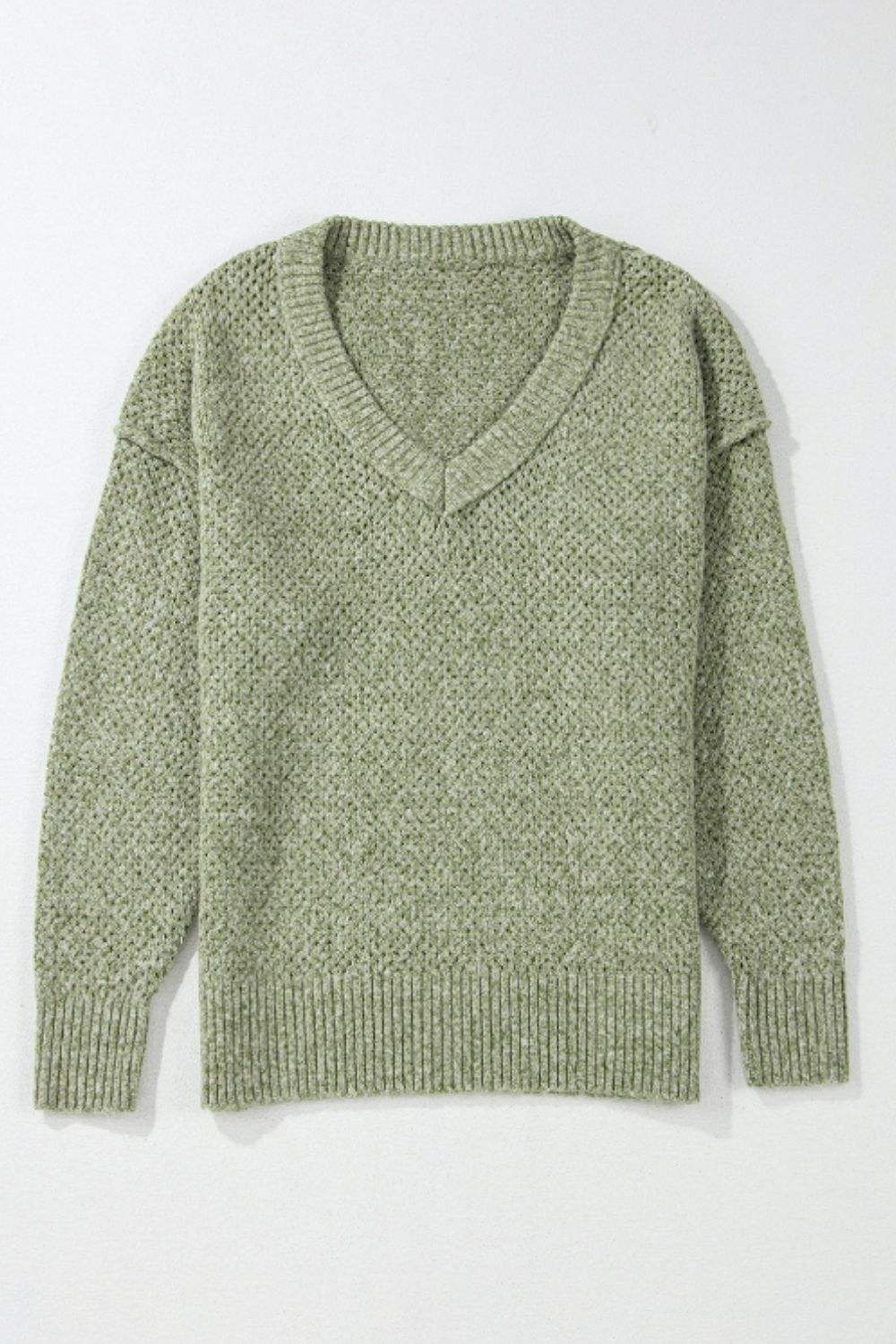 V-Neck Dropped Shoulder Long Sleeve Sweater - Trendsi - Flyclothing LLC