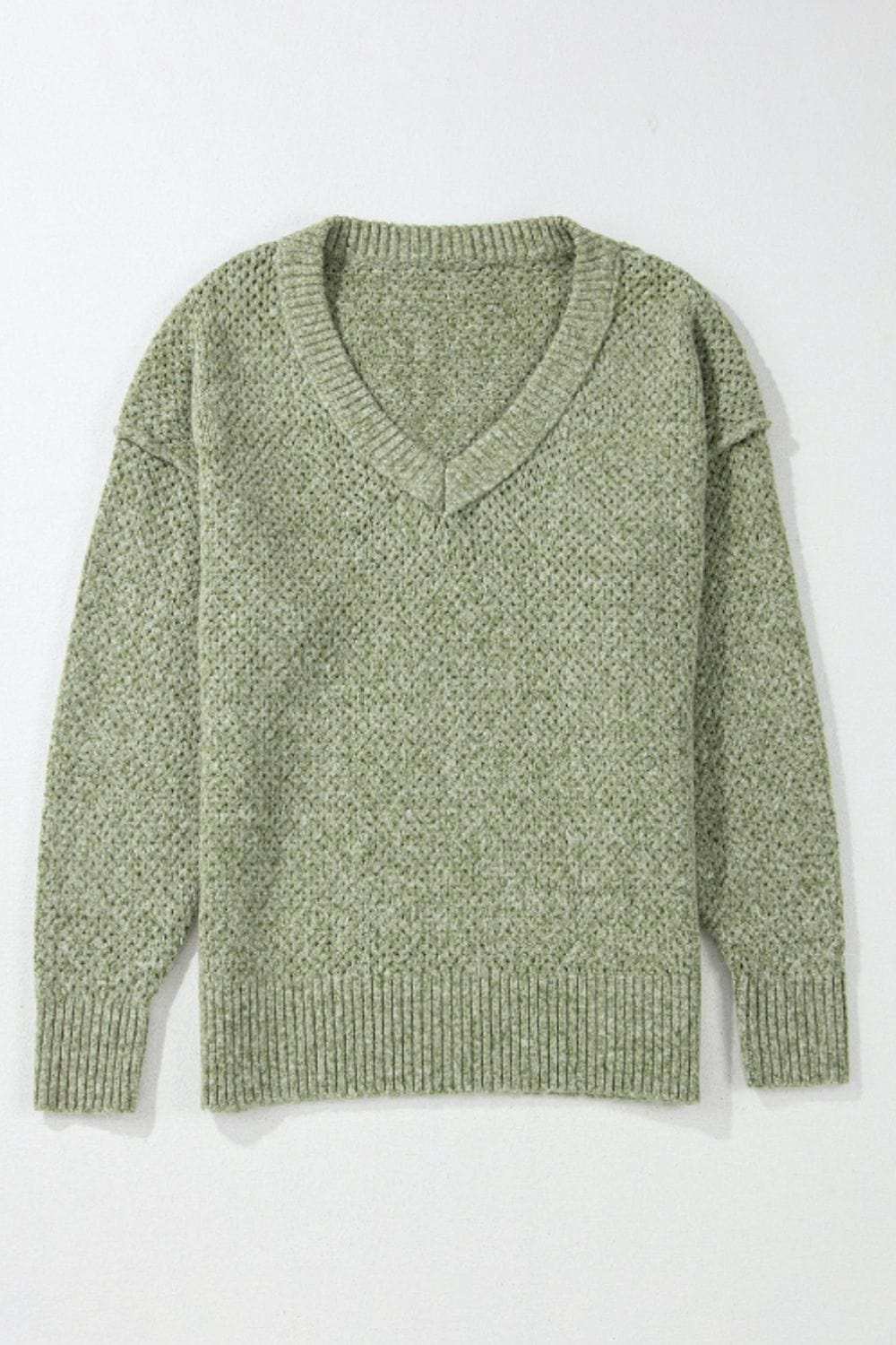 V-Neck Dropped Shoulder Long Sleeve Sweater - Trendsi - Flyclothing LLC