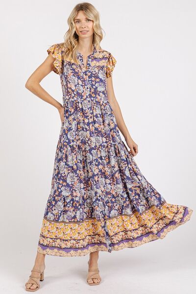 Mittoshop Floral Ruffled Notched Cap Sleeve Maxi Dress - Trendsi