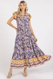 Mittoshop Floral Ruffled Notched Cap Sleeve Maxi Dress - Trendsi