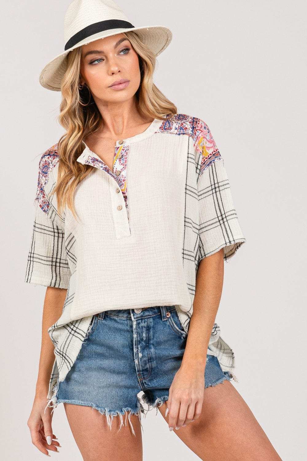 SAGE + FIG Plaid Half Button Gauze Top - Trendsi - Flyclothing LLC