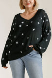 Umgee Full Size Star V-Neck Long Sleeve Sweater Plus Size - Trendsi
