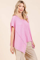 Mittoshop Mineral Wash Waffle Knit Pointed Hem Oversized Top - Trendsi - Flyclothing LLC