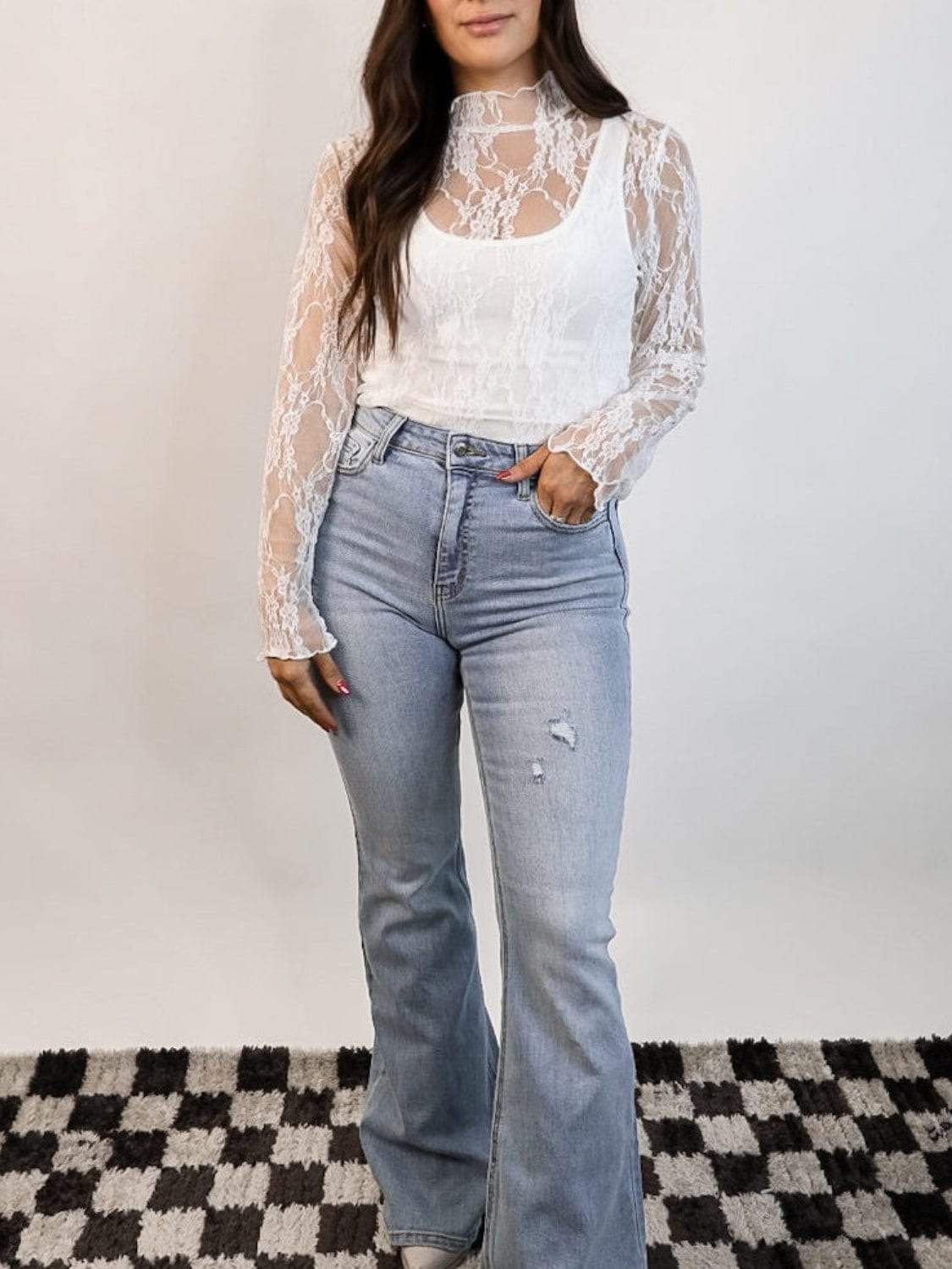 Lace Mock Neck Long Sleeve Top - Trendsi - Flyclothing LLC