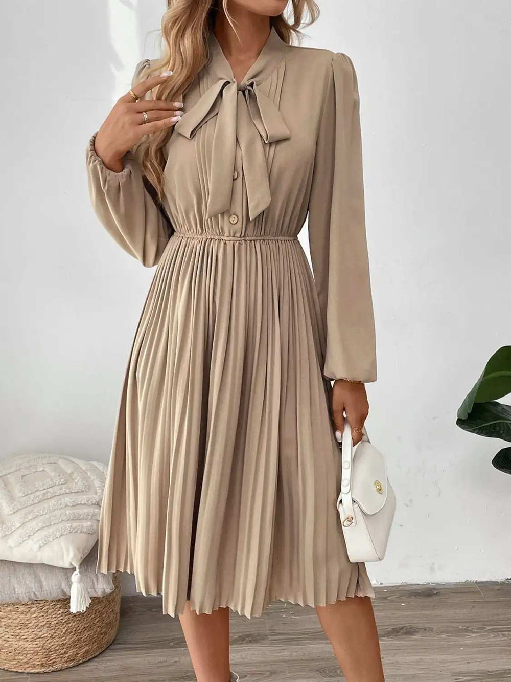 Perfee Pleated Tie Neck Long Sleeve Dress - Trendsi - Flyclothing LLC