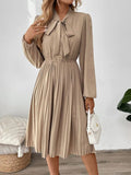 Perfee Pleated Tie Neck Long Sleeve Dress - Trendsi