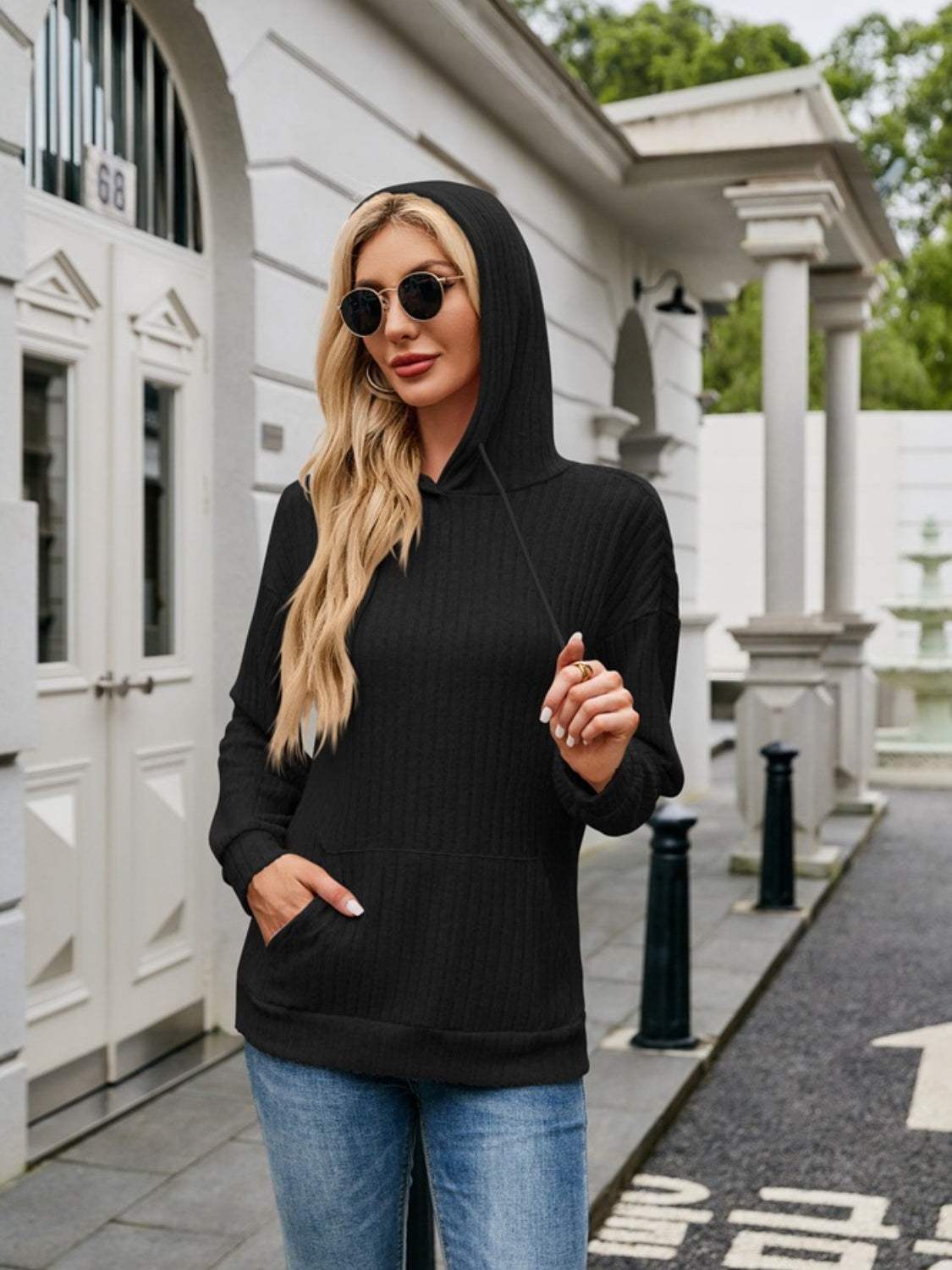 Ribbed Drawstring Long Sleeve Hoodie - Trendsi - Flyclothing LLC