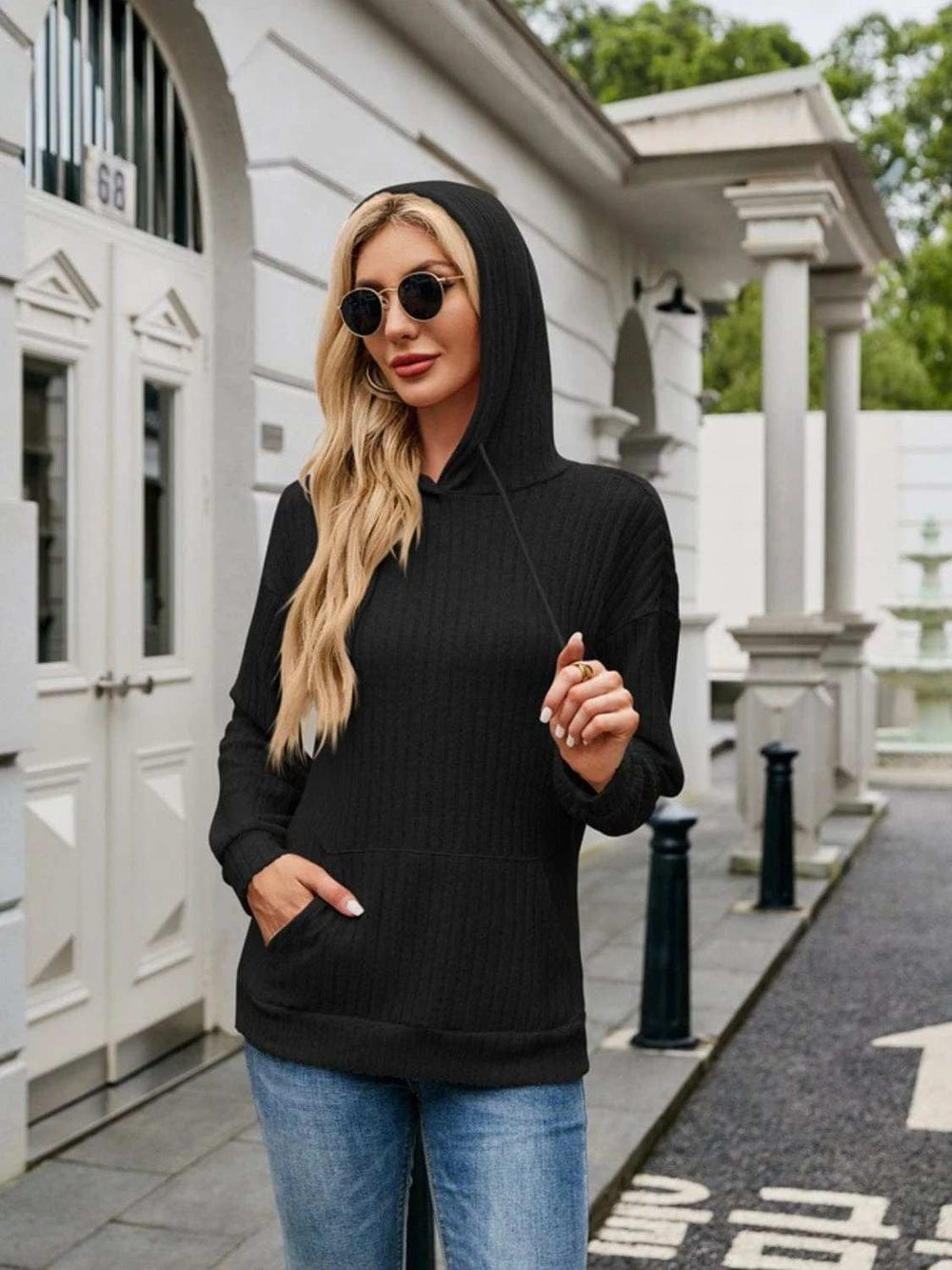 Ribbed Drawstring Long Sleeve Hoodie - Trendsi - Flyclothing LLC