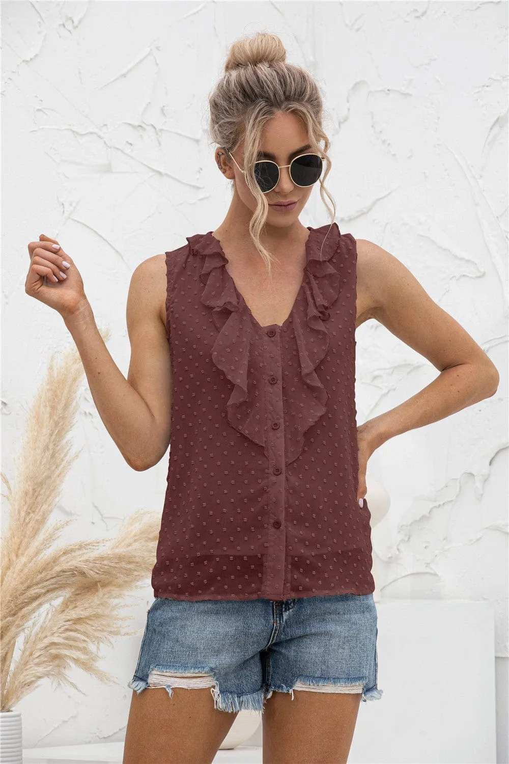 Swiss Dot Ruffled Wide Strap Tank - Trendsi - Flyclothing LLC