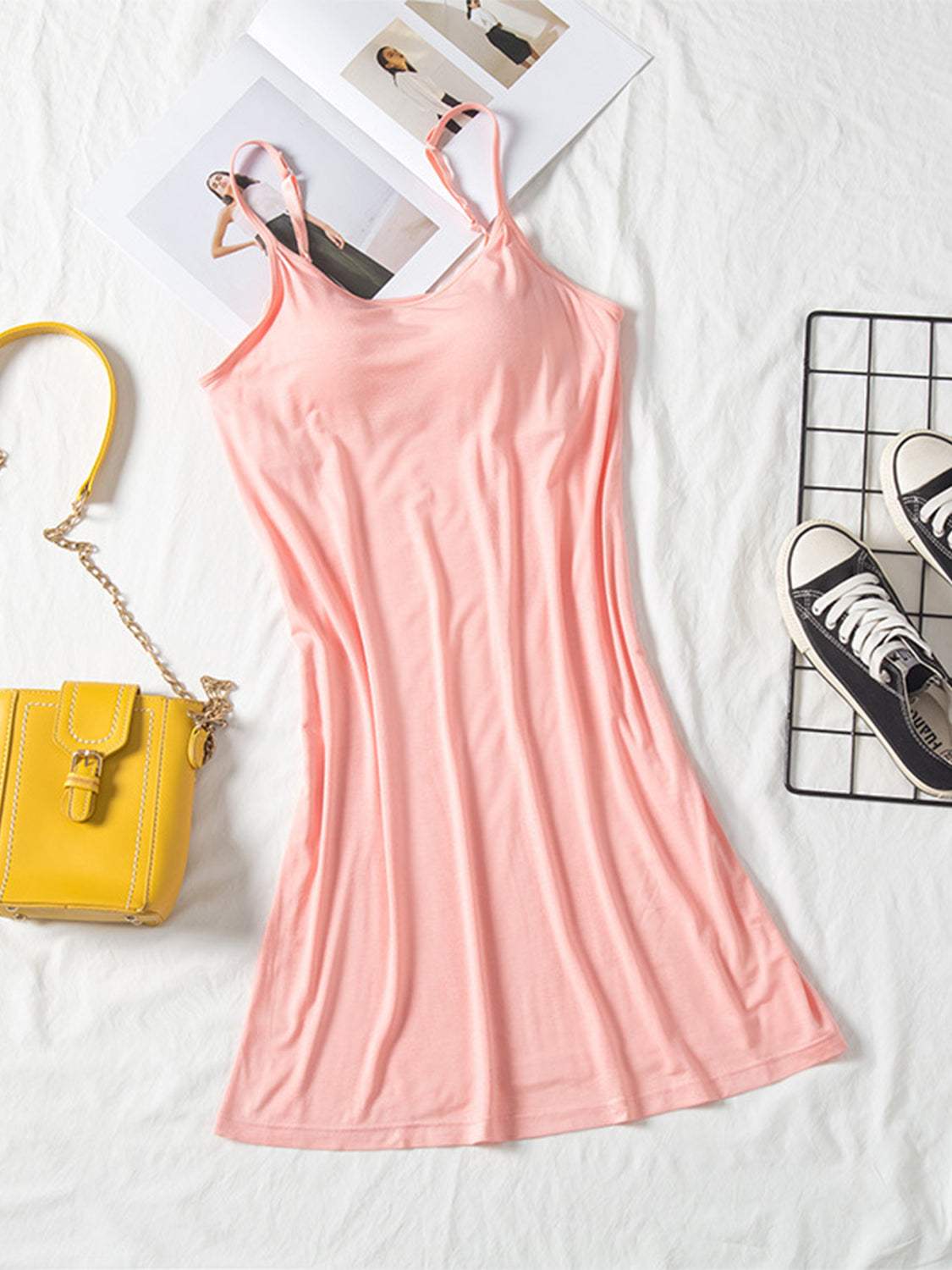 Round Neck Spaghetti Strap Cami Dress with Bra - Trendsi - Flyclothing LLC