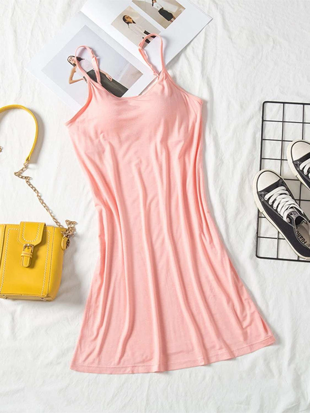 Round Neck Spaghetti Strap Cami Dress with Bra - Trendsi - Flyclothing LLC