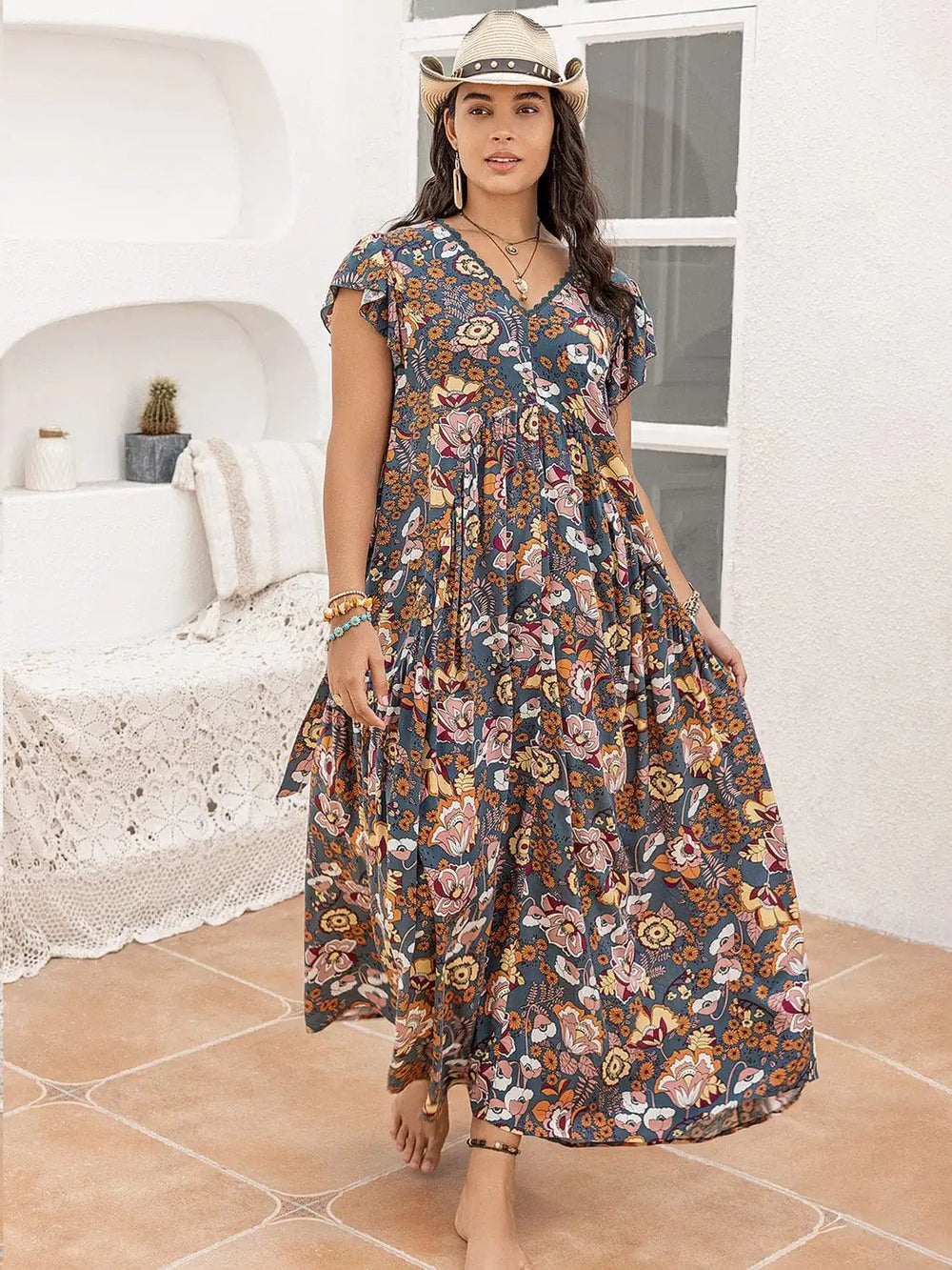 Plus Size Ruffled Printed Cap Sleeve Dress - Trendsi