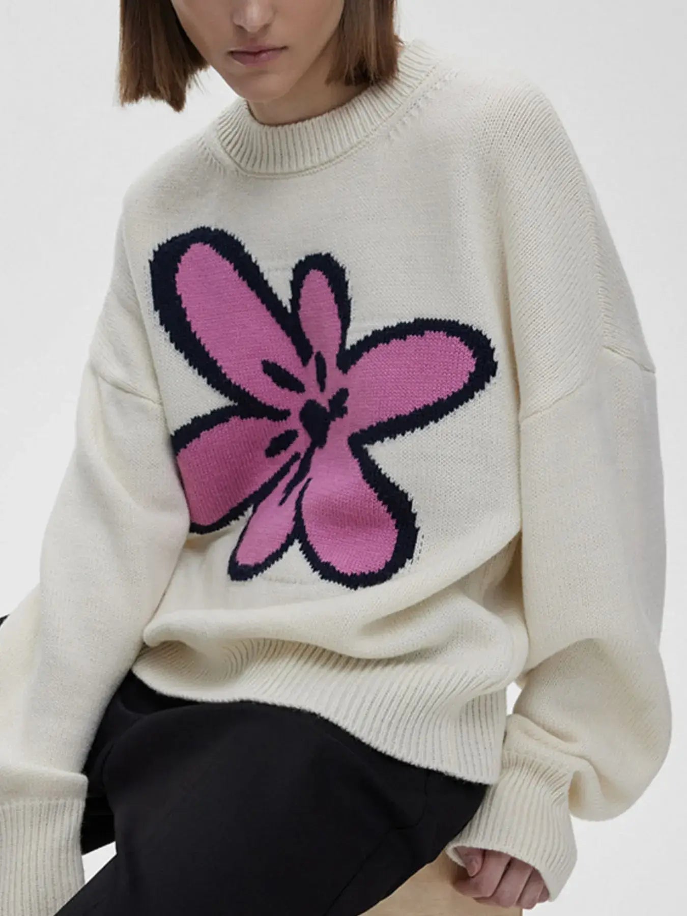 Flower Ribbed Hem Round Neck Sweater - Trendsi - Flyclothing LLC