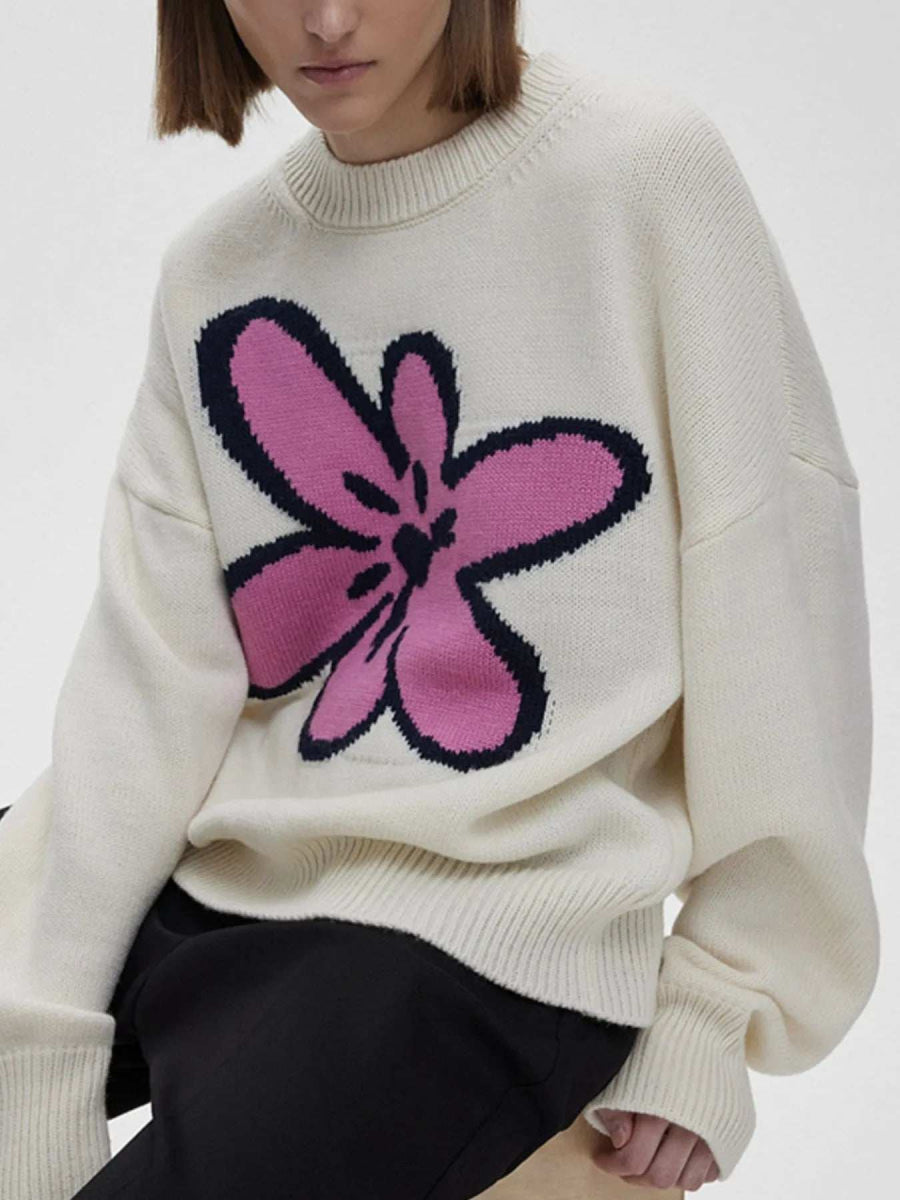 Flower Ribbed Hem Round Neck Sweater - Trendsi - Flyclothing LLC