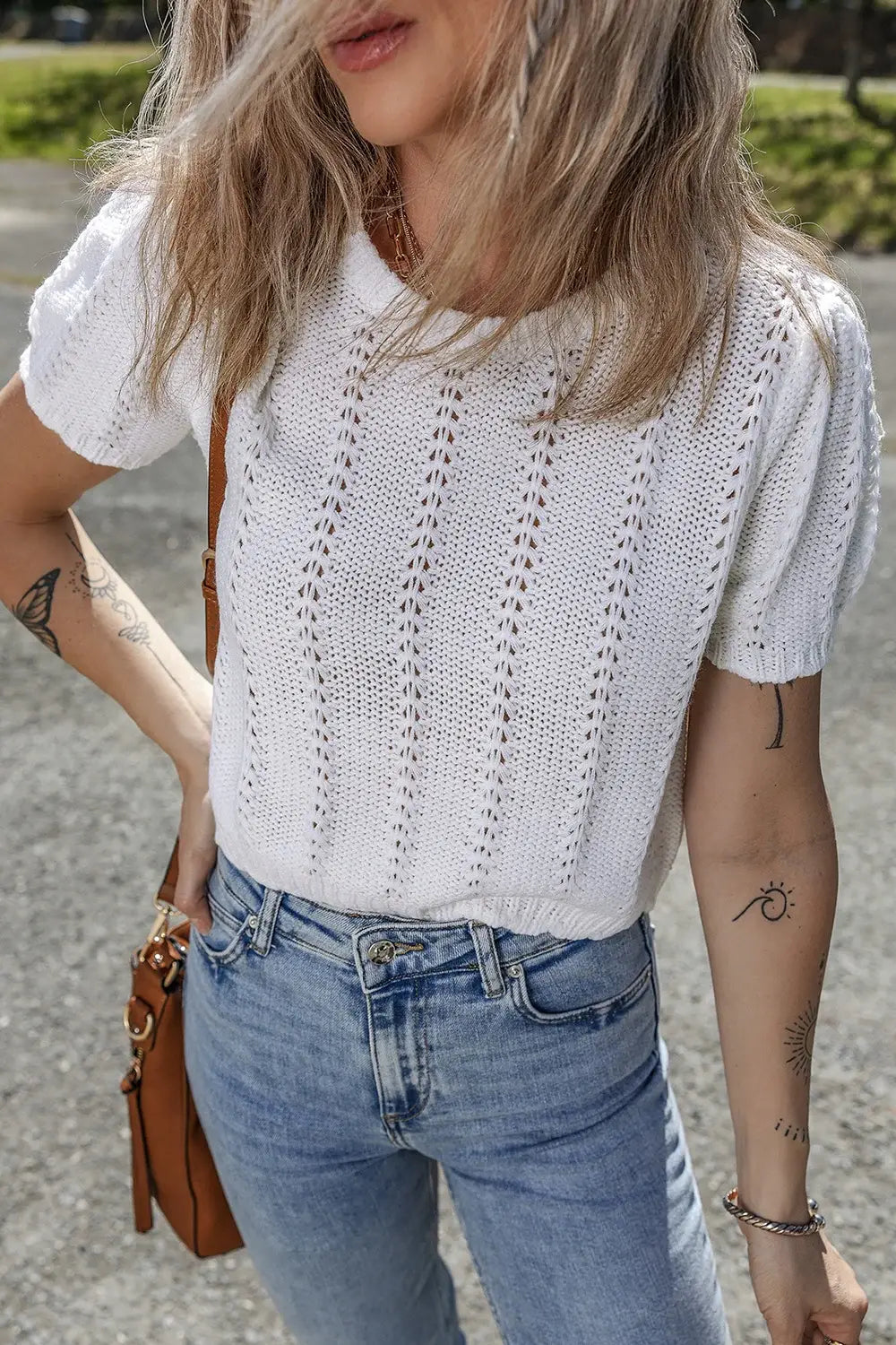 Openwork Round Neck Short Sleeve Knit Top - Trendsi - Flyclothing LLC