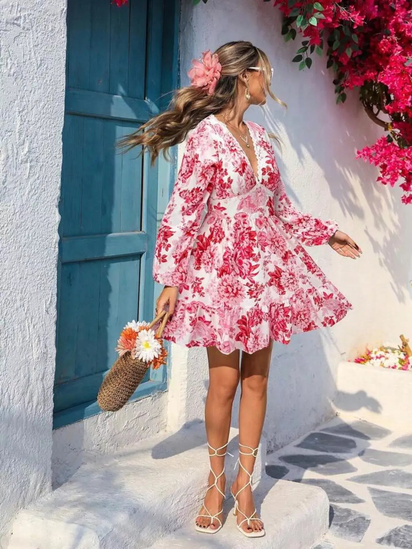 Full Size Floral Print V-Neck Long Sleeve Ruffle Hem Mini Dress Plus Size - Trendsi - Flyclothing LLC
