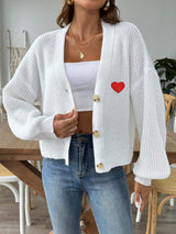 Heart Button Down V-Neck Long Sleeve Cardigan - Trendsi - Flyclothing LLC
